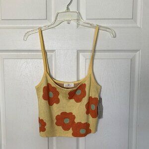 Sunland17 Crop Top Yellow Orange Floral Retro Women Large Spaghetti Straps NWT